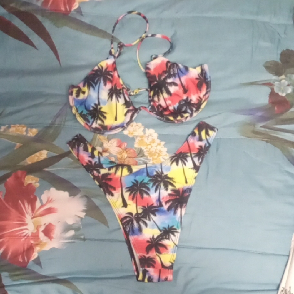 Vibrant Red and Yellow Bikini Swimsuit with Tropical Print Underwire